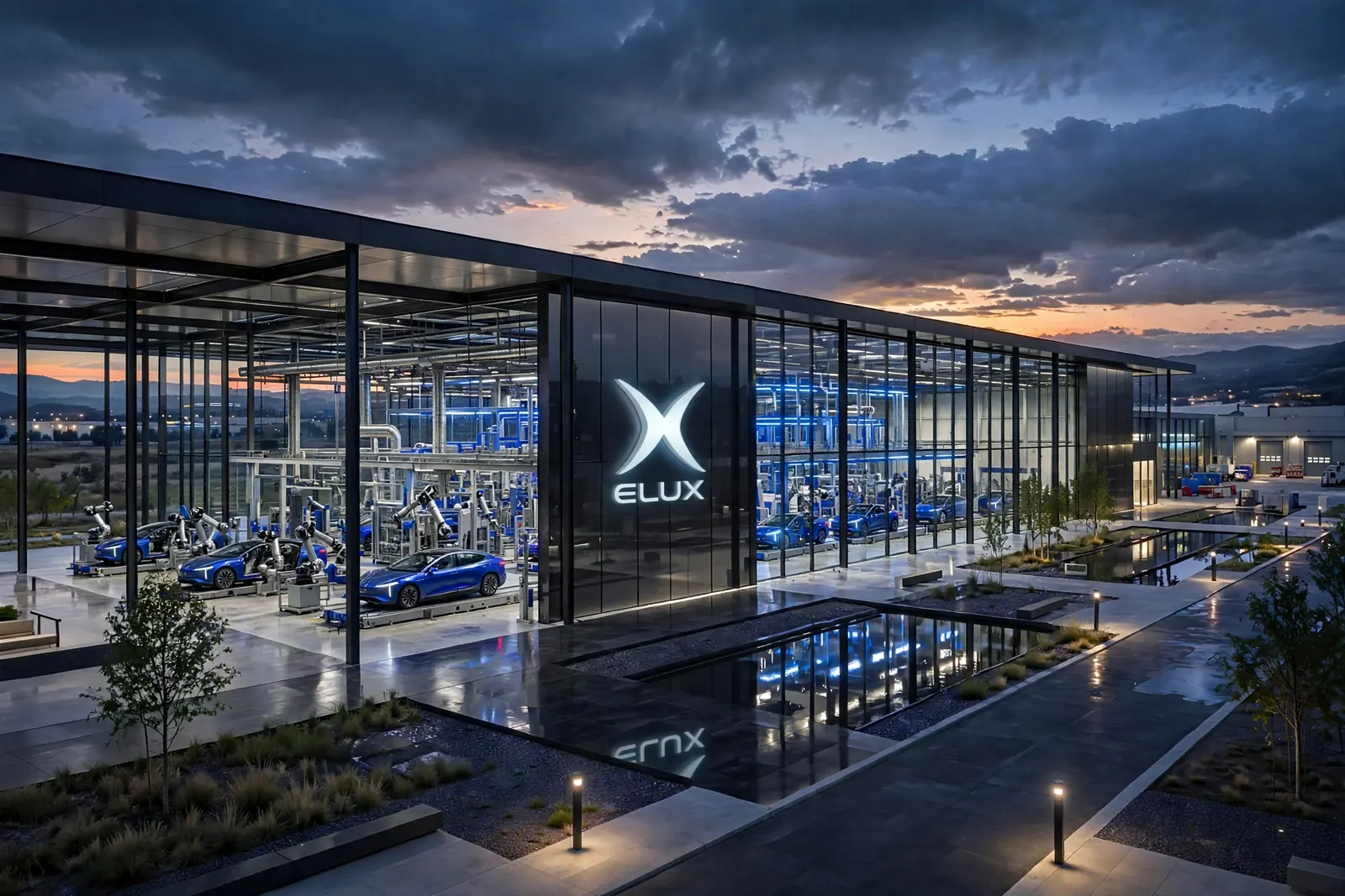 Rendering of the ELUX Quantum factory at dusk, a glass facility with vehicles on the assembly line inside